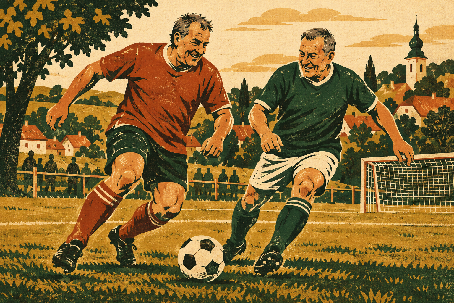 Ilustrace fotbalistů na turnaji starých pánů