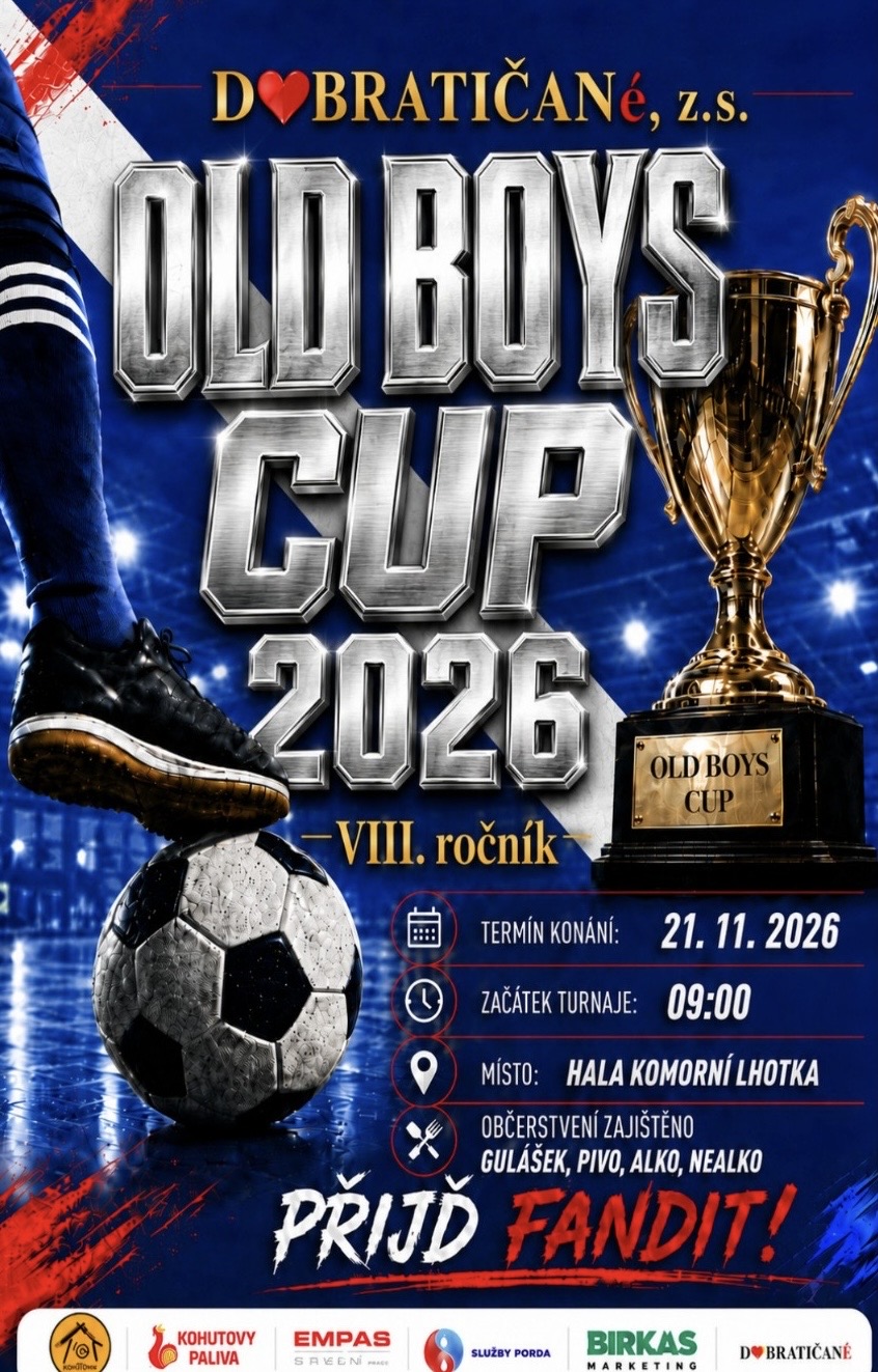 Plakát OLD BOYS CUP 2026 s fotbalovým míčem, kopačkou a vítězným pohárem