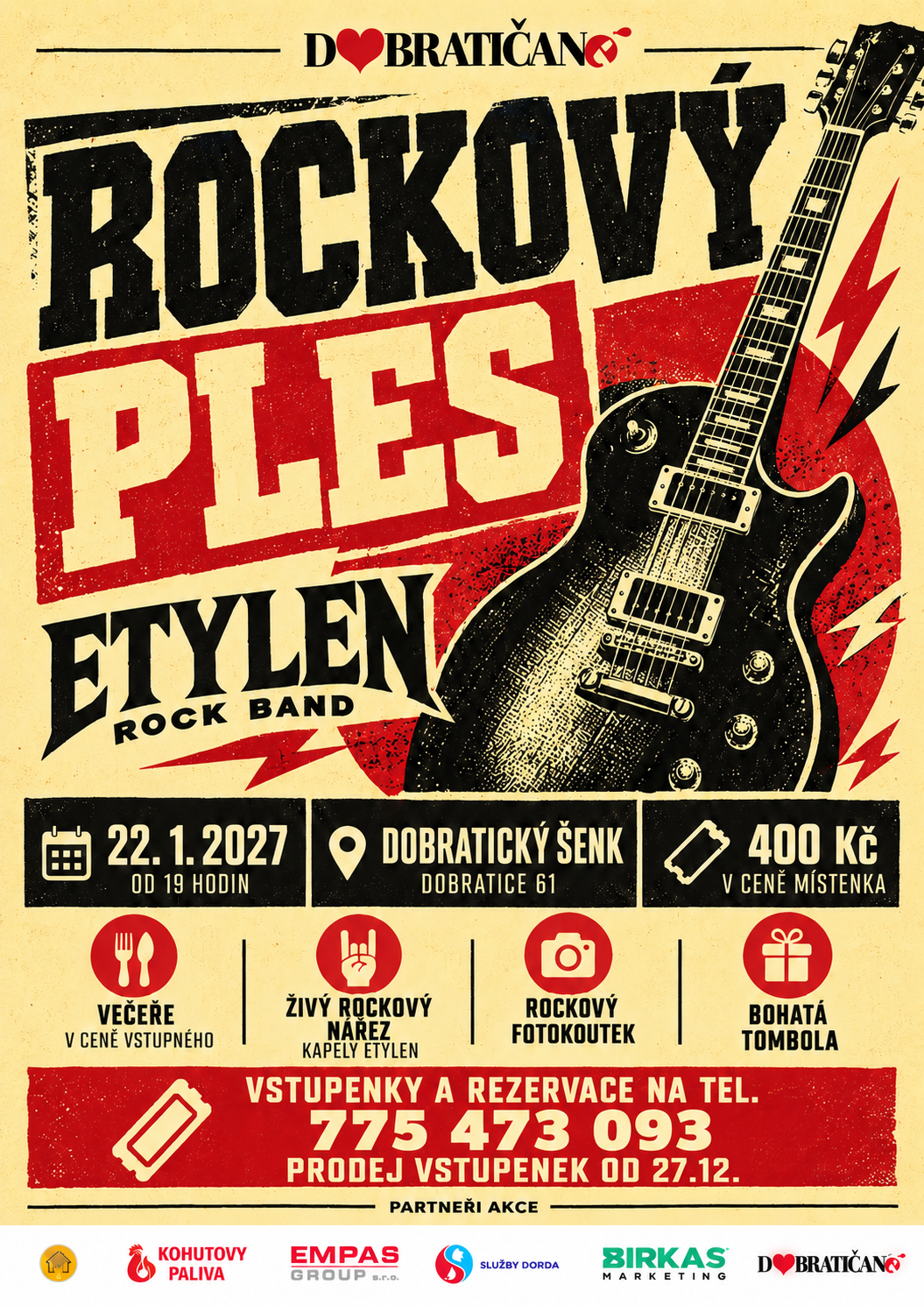 Retro grafika Rockového plesu s elektrickou kytarou a kapelou Etylen